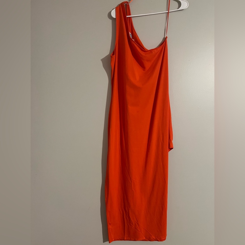 XL Future Collective Vibrant One Shoulder Orange Midi Dress